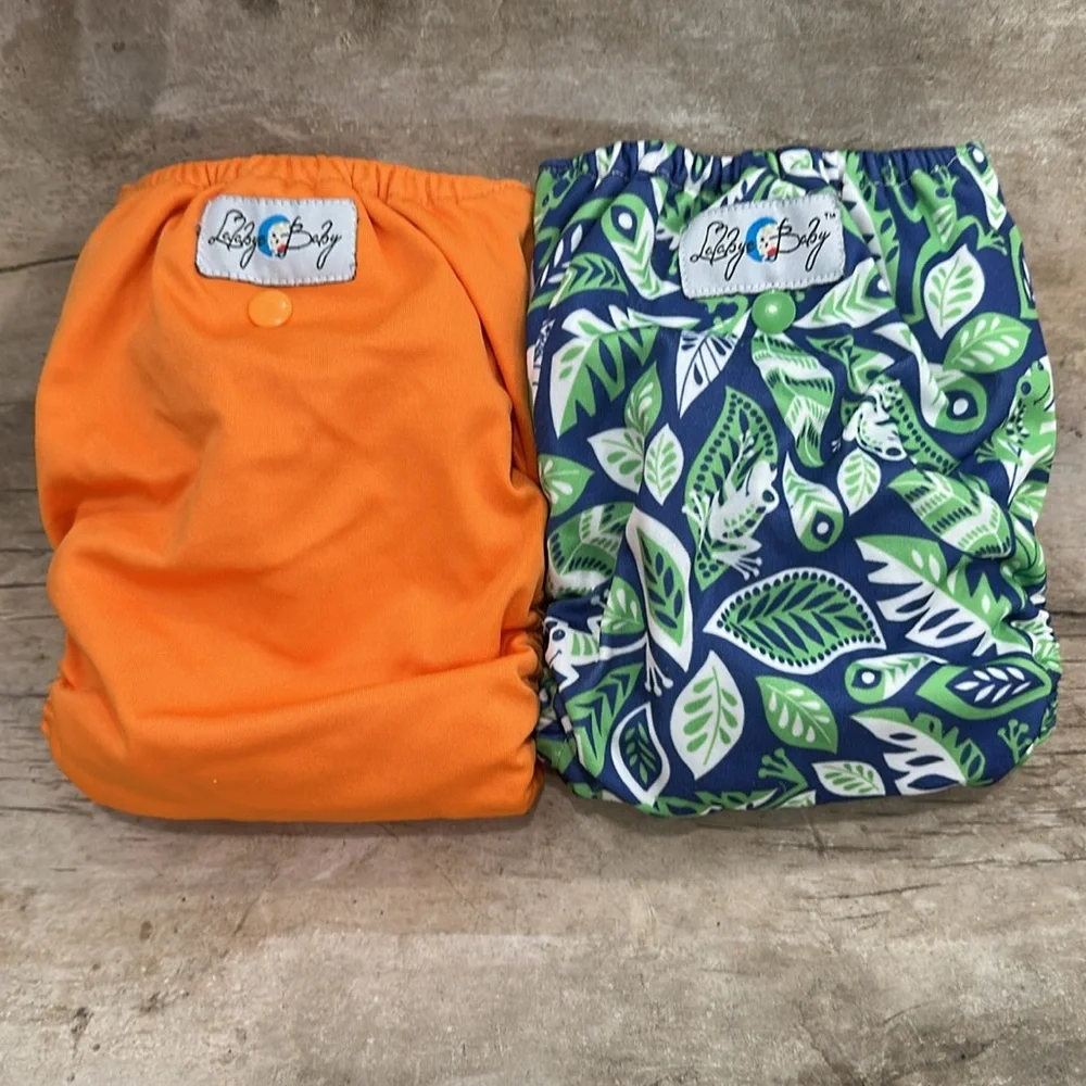Lalabye Baby, one size cloth diapers reusable. Pair, one print one solid. *USED*